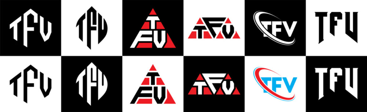 TFV letter logo design in six style. TFV polygon, circle, triangle, hexagon, flat and simple style with black and white color variation letter logo set in one artboard. TFV minimalist and classic logo