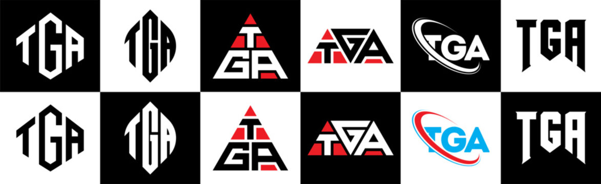 TGA letter logo design in six style. TGA polygon, circle, triangle, hexagon, flat and simple style with black and white color variation letter logo set in one artboard. TGA minimalist and classic logo