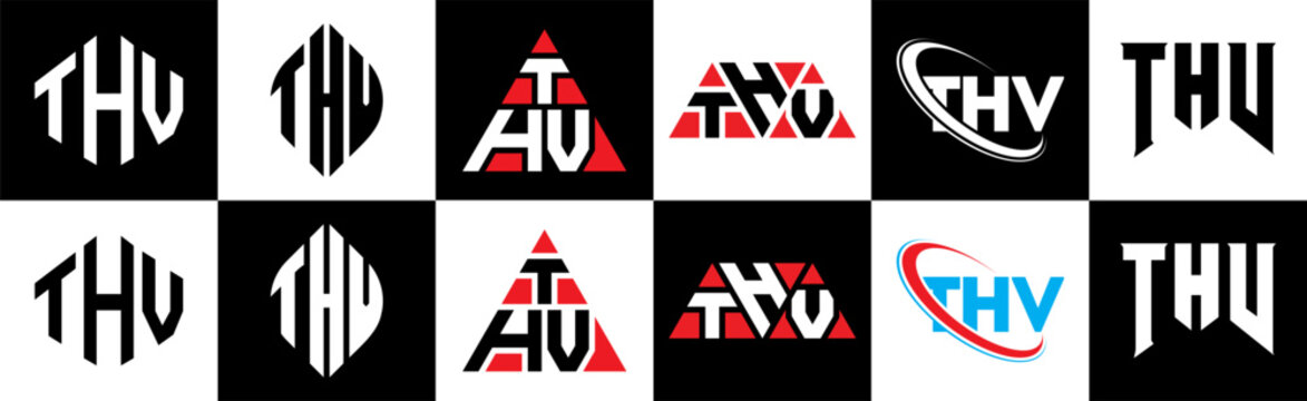 THV letter logo design in six style. THV polygon, circle, triangle, hexagon, flat and simple style with black and white color variation letter logo set in one artboard. THV minimalist and classic logo