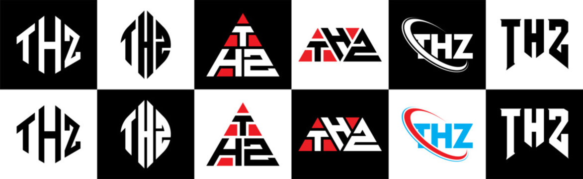 THZ letter logo design in six style. THZ polygon, circle, triangle, hexagon, flat and simple style with black and white color variation letter logo set in one artboard. THZ minimalist and classic logo
