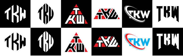 TKW letter logo design in six style. TKW polygon, circle, triangle, hexagon, flat and simple style with black and white color variation letter logo set in one artboard. TKW minimalist and classic logo