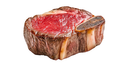 A piece of meat is cut in half and has a green leaf on top