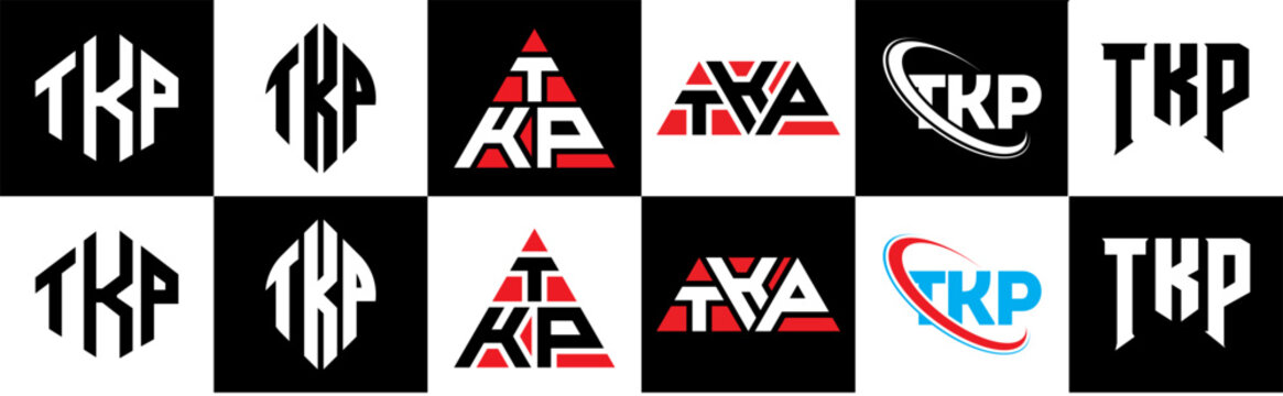 TKP letter logo design in six style. TKP polygon, circle, triangle, hexagon, flat and simple style with black and white color variation letter logo set in one artboard. TKP minimalist and classic logo