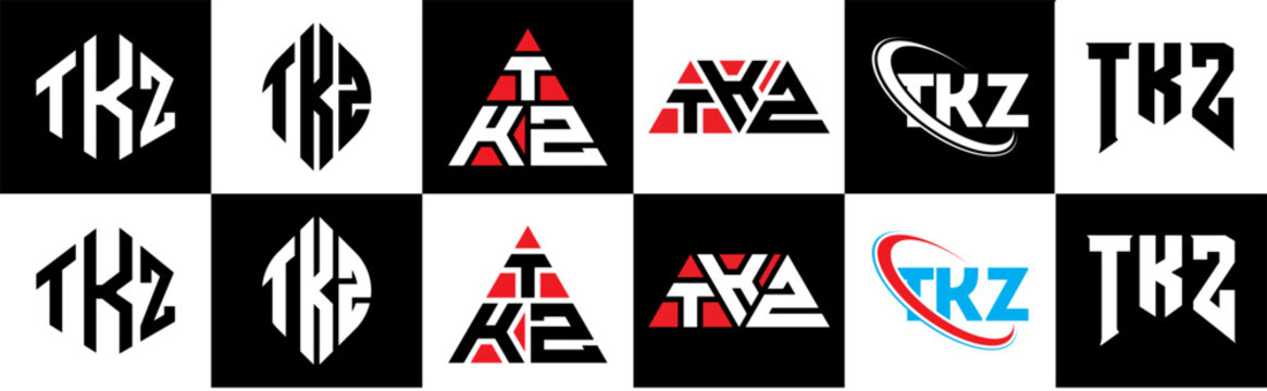 TKZ letter logo design in six style. TKZ polygon, circle, triangle, hexagon, flat and simple style with black and white color variation letter logo set in one artboard. TKZ minimalist and classic logo