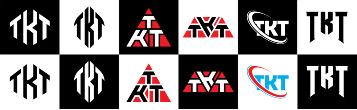 TKT letter logo design in six style. TKT polygon, circle, triangle, hexagon, flat and simple style with black and white color variation letter logo set in one artboard. TKT minimalist and classic logo