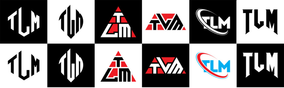 TLM letter logo design in six style. TLM polygon, circle, triangle, hexagon, flat and simple style with black and white color variation letter logo set in one artboard. TLM minimalist and classic logo
