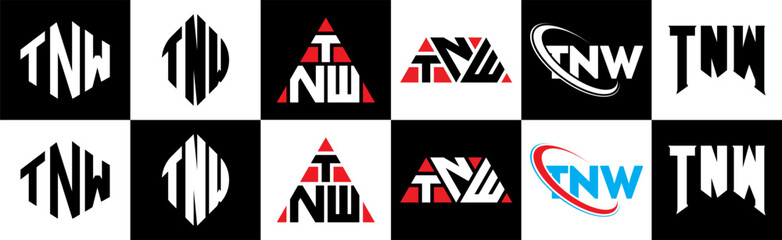 TNW letter logo design in six style. TNW polygon, circle, triangle, hexagon, flat and simple style with black and white color variation letter logo set in one artboard. TNW minimalist and classic logo
