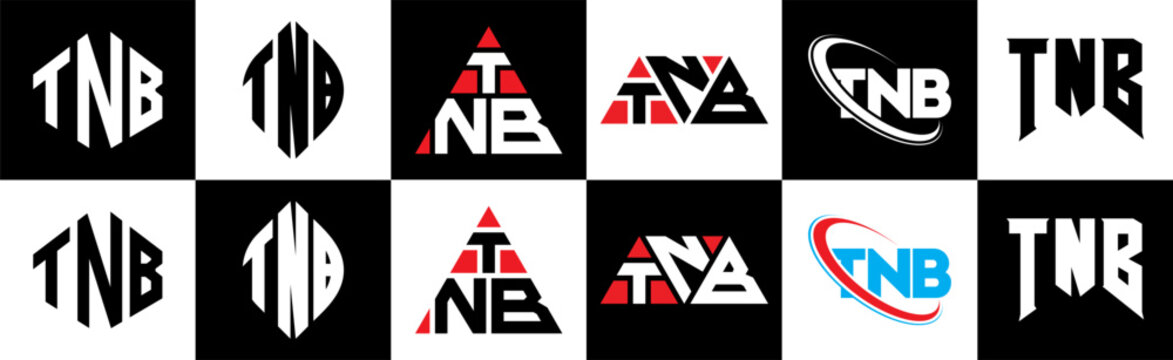 TNB letter logo design in six style. TNB polygon, circle, triangle, hexagon, flat and simple style with black and white color variation letter logo set in one artboard. TNB minimalist and classic logo