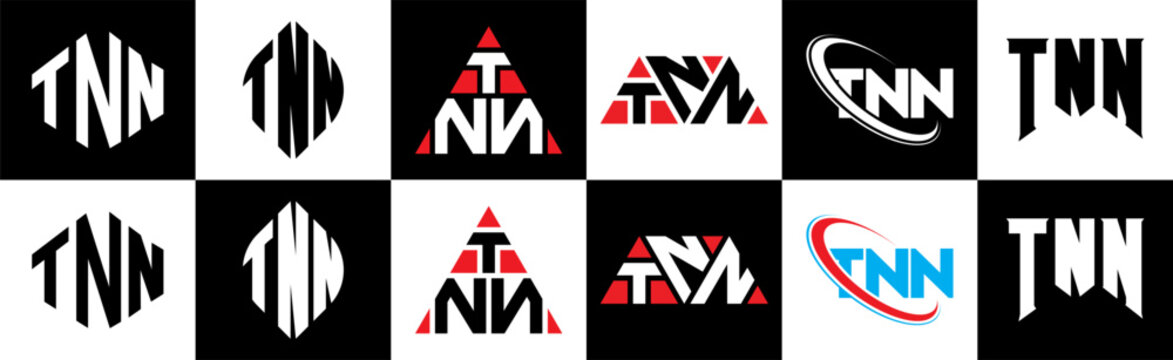 TNN letter logo design in six style. TNN polygon, circle, triangle, hexagon, flat and simple style with black and white color variation letter logo set in one artboard. TNN minimalist and classic logo