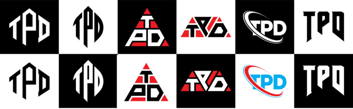 TPD letter logo design in six style. TPD polygon, circle, triangle, hexagon, flat and simple style with black and white color variation letter logo set in one artboard. TPD minimalist and classic logo