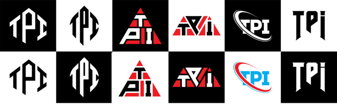 TPI letter logo design in six style. TPI polygon, circle, triangle, hexagon, flat and simple style with black and white color variation letter logo set in one artboard. TPI minimalist and classic logo
