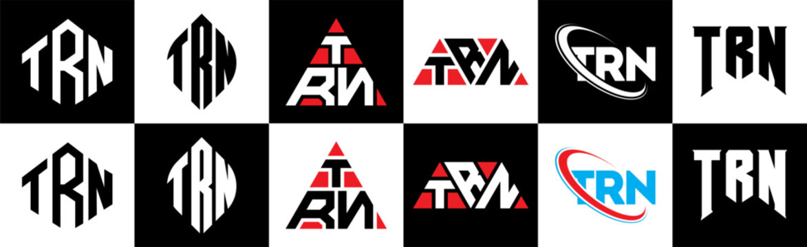 TRN letter logo design in six style. TRN polygon, circle, triangle, hexagon, flat and simple style with black and white color variation letter logo set in one artboard. TRN minimalist and classic logo
