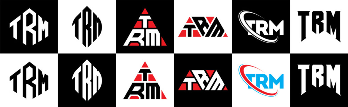 TRM letter logo design in six style. TRM polygon, circle, triangle, hexagon, flat and simple style with black and white color variation letter logo set in one artboard. TRM minimalist and classic logo