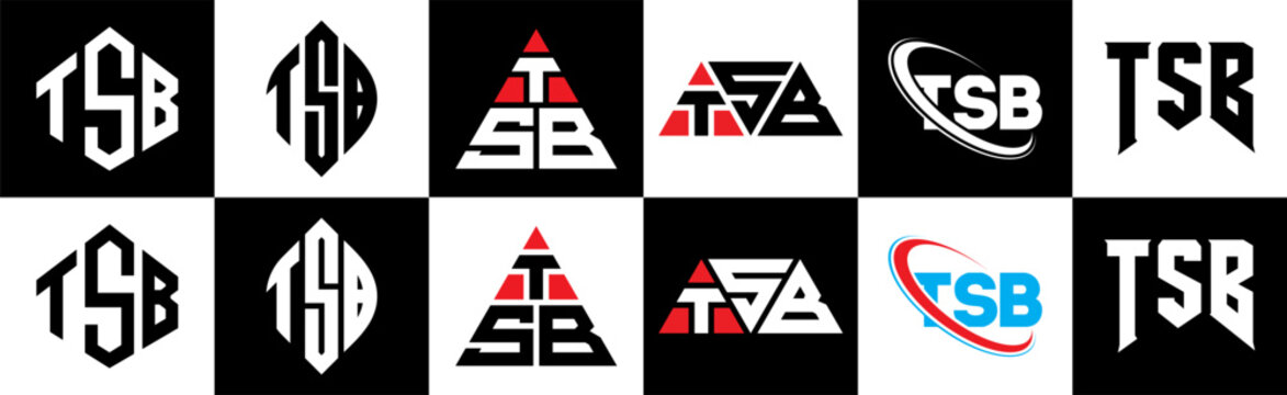 TSB letter logo design in six style. TSB polygon, circle, triangle, hexagon, flat and simple style with black and white color variation letter logo set in one artboard. TSB minimalist and classic logo