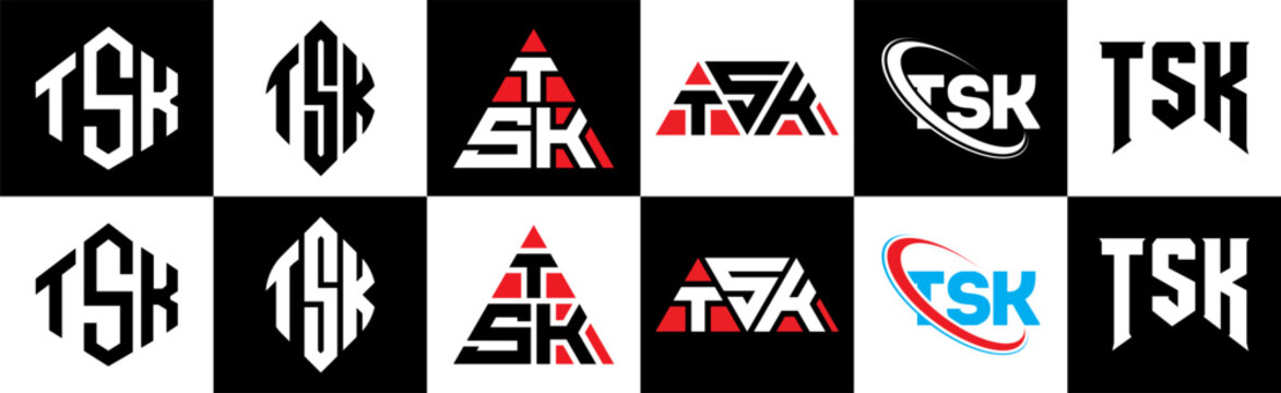 TSK letter logo design in six style. TSK polygon, circle, triangle, hexagon, flat and simple style with black and white color variation letter logo set in one artboard. TSK minimalist and classic logo