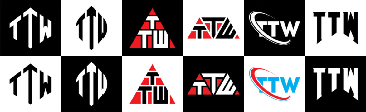 TTW letter logo design in six style. TTW polygon, circle, triangle, hexagon, flat and simple style with black and white color variation letter logo set in one artboard. TTW minimalist and classic logo
