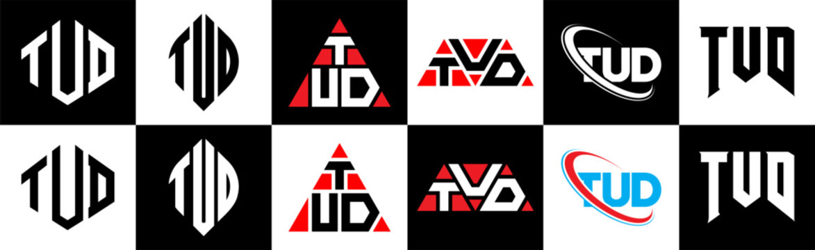 TUD letter logo design in six style. TUD polygon, circle, triangle, hexagon, flat and simple style with black and white color variation letter logo set in one artboard. TUD minimalist and classic logo