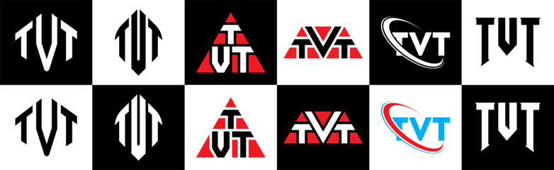 TVT letter logo design in six style. TVT polygon, circle, triangle, hexagon, flat and simple style with black and white color variation letter logo set in one artboard. TVT minimalist and classic logo