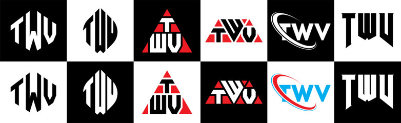 TWV letter logo design in six style. TWV polygon, circle, triangle, hexagon, flat and simple style with black and white color variation letter logo set in one artboard. TWV minimalist and classic logo