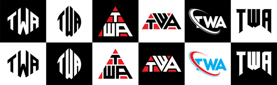 TWA letter logo design in six style. TWA polygon, circle, triangle, hexagon, flat and simple style with black and white color variation letter logo set in one artboard. TWA minimalist and classic logo