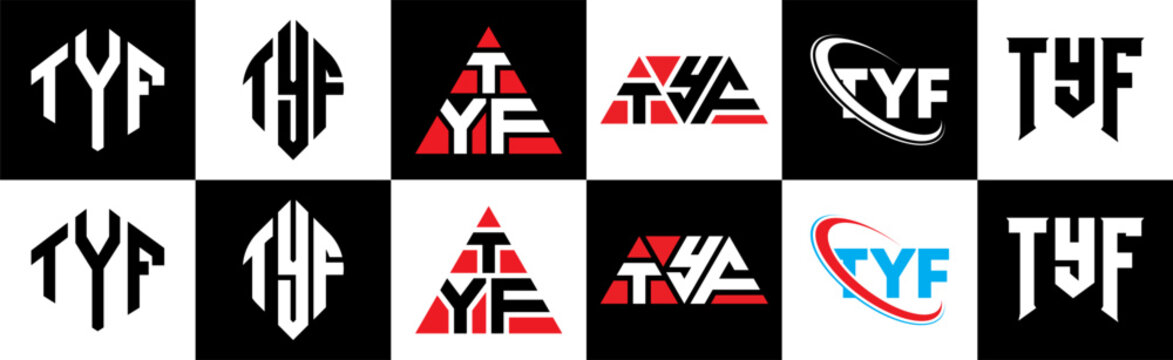TYF letter logo design in six style. TYF polygon, circle, triangle, hexagon, flat and simple style with black and white color variation letter logo set in one artboard. TYF minimalist and classic logo