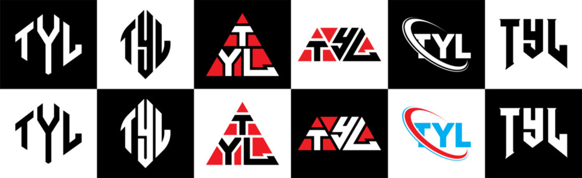 TYL letter logo design in six style. TYL polygon, circle, triangle, hexagon, flat and simple style with black and white color variation letter logo set in one artboard. TYL minimalist and classic logo