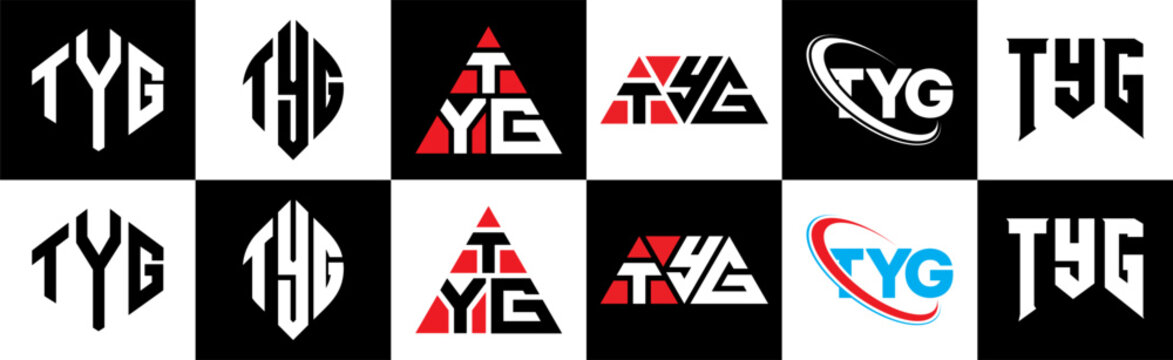 TYG letter logo design in six style. TYG polygon, circle, triangle, hexagon, flat and simple style with black and white color variation letter logo set in one artboard. TYG minimalist and classic logo