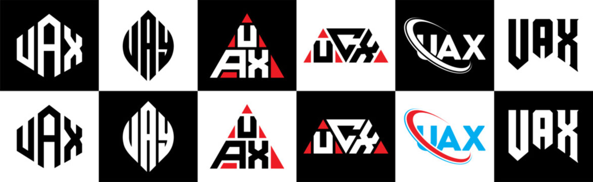 UAX letter logo design in six style. UAX polygon, circle, triangle, hexagon, flat and simple style with black and white color variation letter logo set in one artboard. UAX minimalist and classic logo