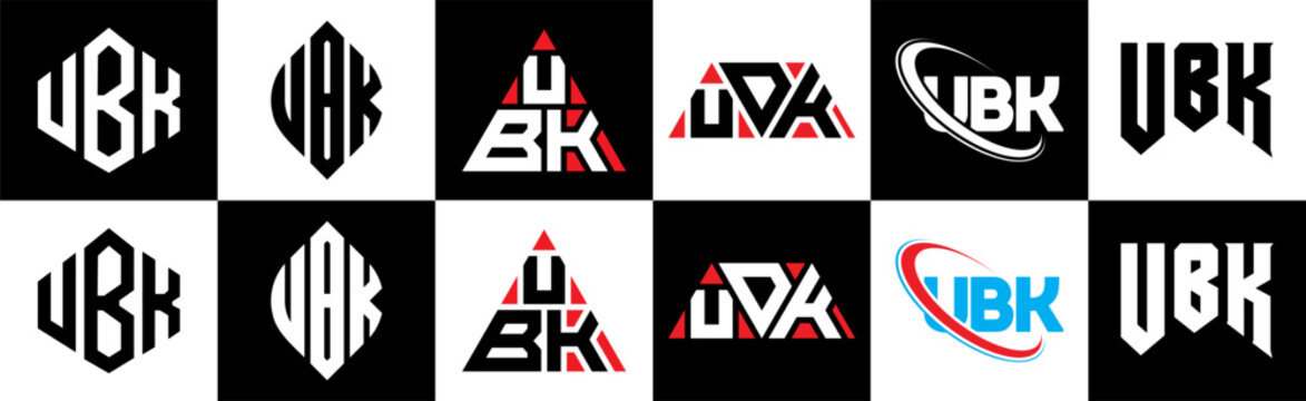 UBK letter logo design in six style. UBK polygon, circle, triangle, hexagon, flat and simple style with black and white color variation letter logo set in one artboard. UBK minimalist and classic logo