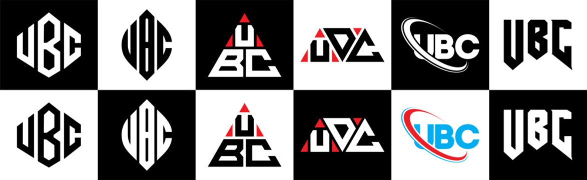 UBC letter logo design in six style. UBC polygon, circle, triangle, hexagon, flat and simple style with black and white color variation letter logo set in one artboard. UBC minimalist and classic logo