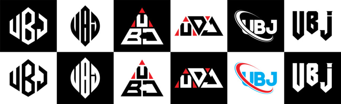 UBJ letter logo design in six style. UBJ polygon, circle, triangle, hexagon, flat and simple style with black and white color variation letter logo set in one artboard. UBJ minimalist and classic logo