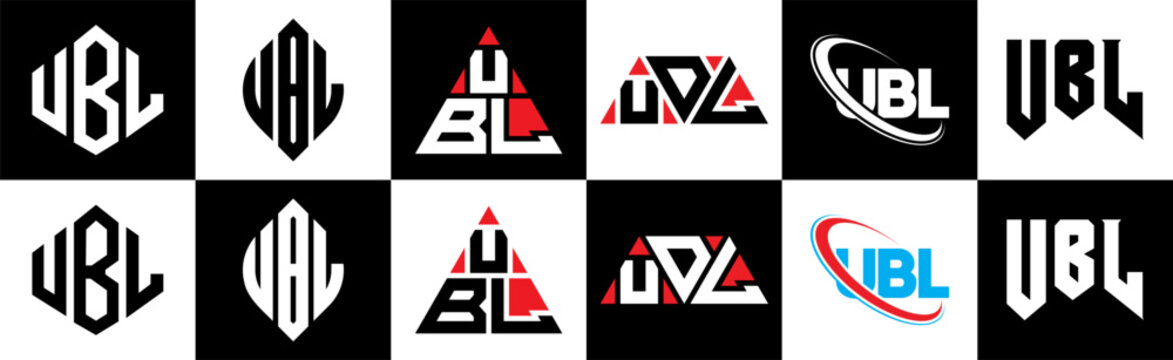 UBL letter logo design in six style. UBL polygon, circle, triangle, hexagon, flat and simple style with black and white color variation letter logo set in one artboard. UBL minimalist and classic logo