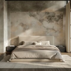 Loft interior design of modern bedroom. Bed with beig.
