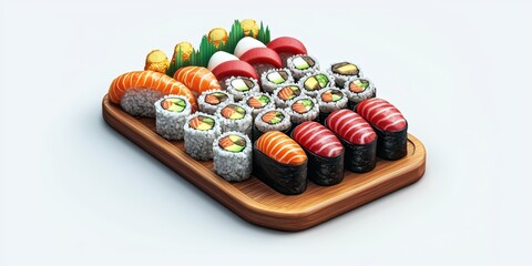 Realistic 3D Icon Cartoon of A Sushi Roll Platter with Various Fillings
