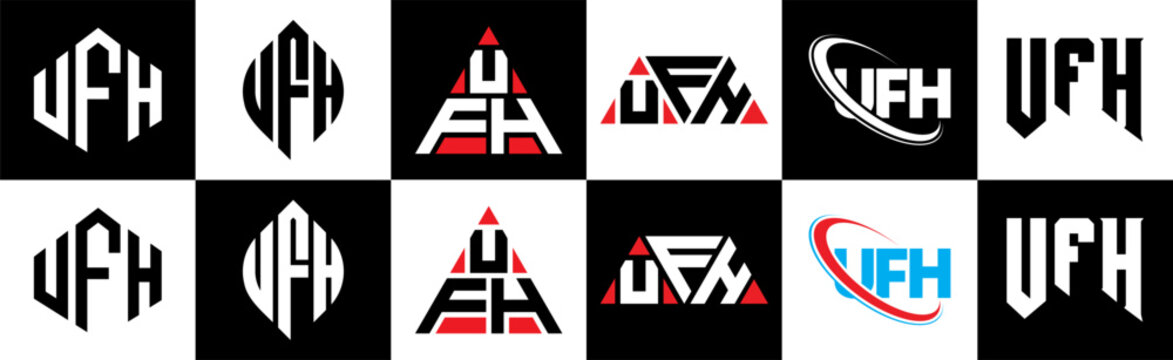 UFH letter logo design in six style. UFH polygon, circle, triangle, hexagon, flat and simple style with black and white color variation letter logo set in one artboard. UFH minimalist and classic logo
