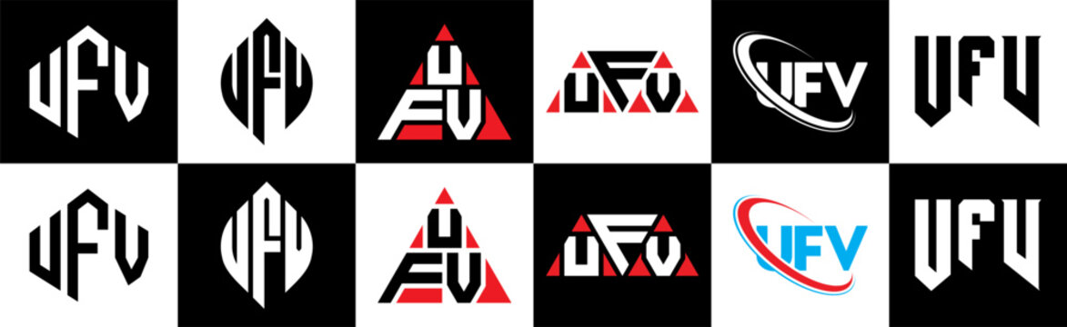 UFV letter logo design in six style. UFV polygon, circle, triangle, hexagon, flat and simple style with black and white color variation letter logo set in one artboard. UFV minimalist and classic logo