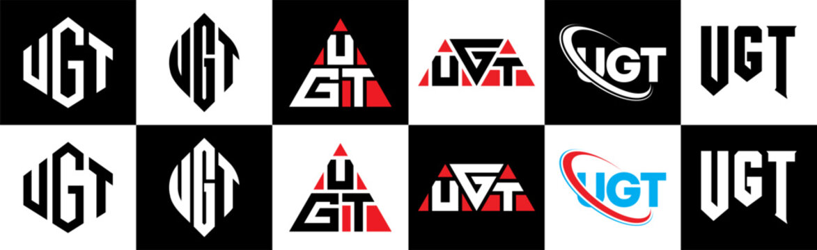 UGT letter logo design in six style. UGT polygon, circle, triangle, hexagon, flat and simple style with black and white color variation letter logo set in one artboard. UGT minimalist and classic logo