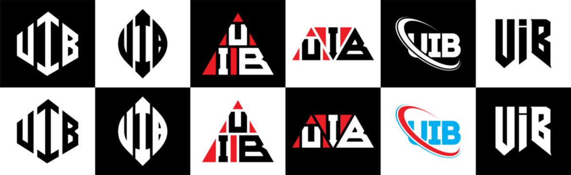 UIB letter logo design in six style. UIB polygon, circle, triangle, hexagon, flat and simple style with black and white color variation letter logo set in one artboard. UIB minimalist and classic logo