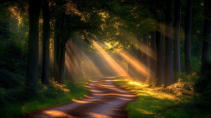 Fototapeta premium Sunbeams illuminate pathway in forest landscape