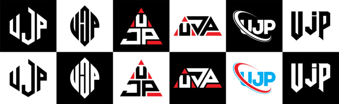 UJP letter logo design in six style. UJP polygon, circle, triangle, hexagon, flat and simple style with black and white color variation letter logo set in one artboard. UJP minimalist and classic logo