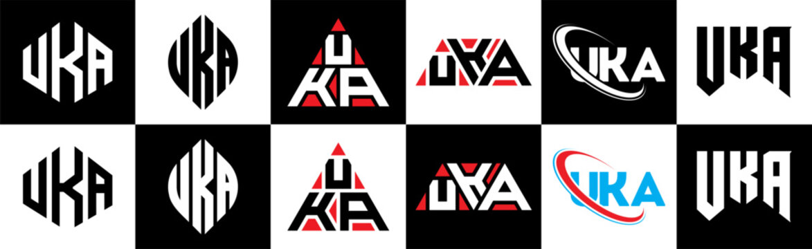 UKA letter logo design in six style. UKA polygon, circle, triangle, hexagon, flat and simple style with black and white color variation letter logo set in one artboard. UKA minimalist and classic logo