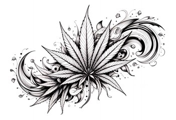 Cannabis Leaf Art with Swirls and Dots in Black and White