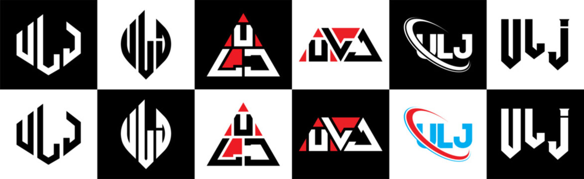 ULJ letter logo design in six style. ULJ polygon, circle, triangle, hexagon, flat and simple style with black and white color variation letter logo set in one artboard. ULJ minimalist and classic logo