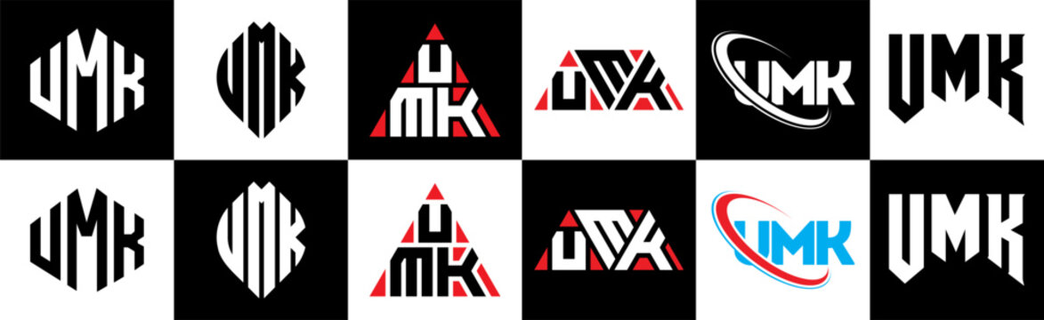 UMK letter logo design in six style. UMK polygon, circle, triangle, hexagon, flat and simple style with black and white color variation letter logo set in one artboard. UMK minimalist and classic logo