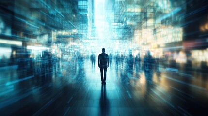 A solitary figure stands amidst a bustling cityscape, with blurred pedestrians and glowing buildings