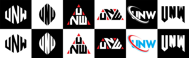 UNW letter logo design in six style. UNW polygon, circle, triangle, hexagon, flat and simple style with black and white color variation letter logo set in one artboard. UNW minimalist and classic logo