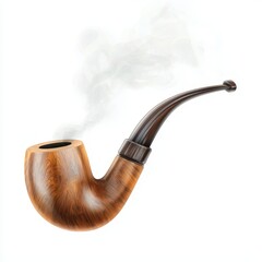 Realistic 3D Icon Cartoon of a Traditional Wooden Pipe with Smoke isolated on clear white background