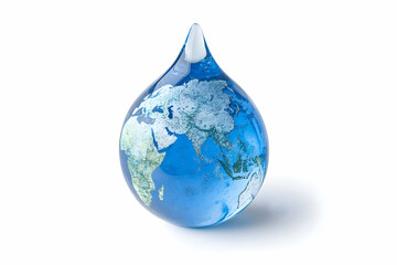Earth visualized within a water droplet, showcased on a white surface.