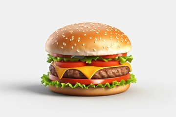 a close up of a hamburger with cheese and tomato on a white background