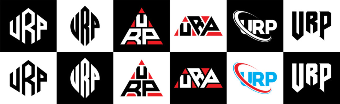 URP letter logo design in six style. URP polygon, circle, triangle, hexagon, flat and simple style with black and white color variation letter logo set in one artboard. URP minimalist and classic logo